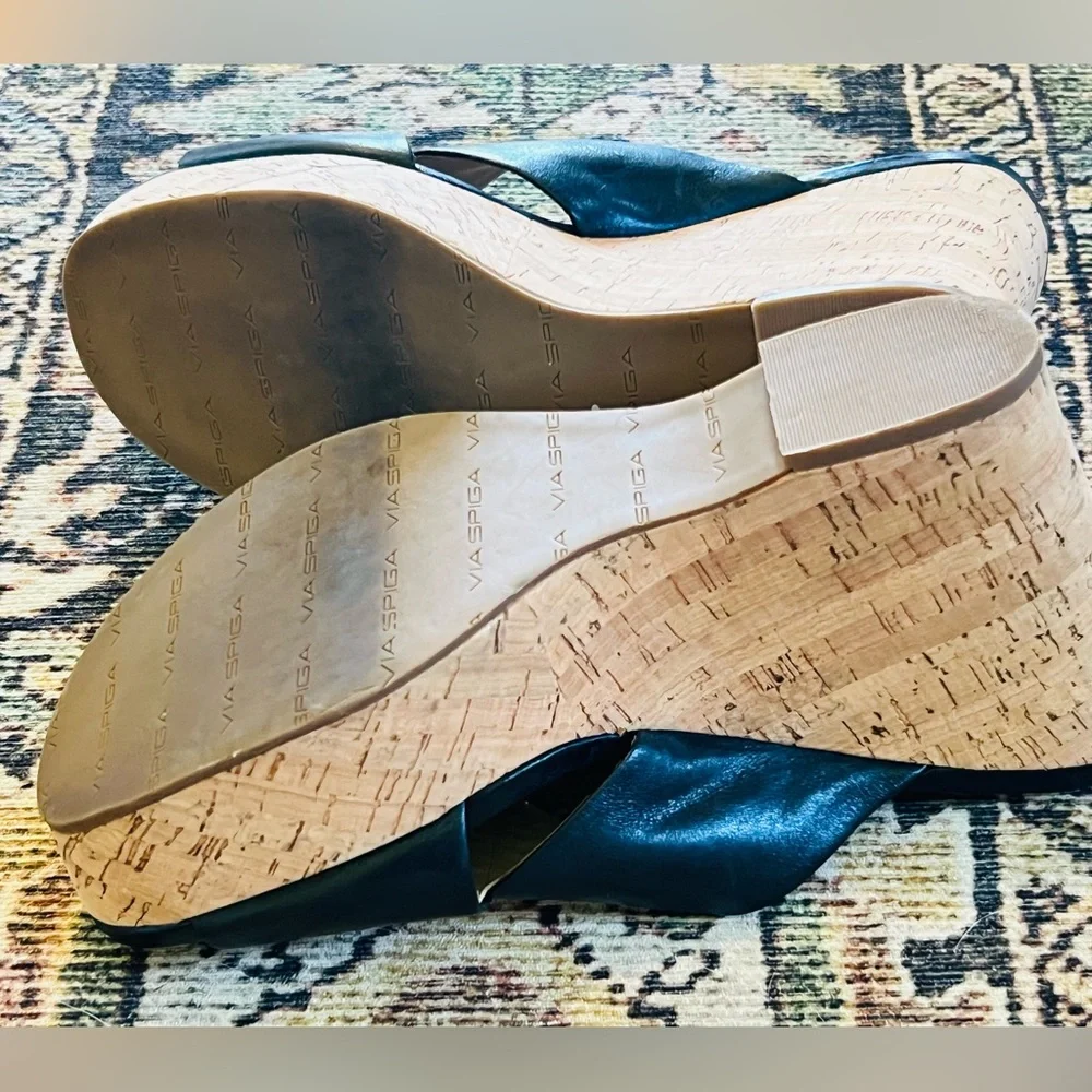 Via Spiga Black Leather Cork Wedge Sandals sz 10